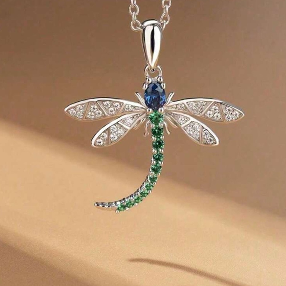 Elegant Silver and Green Dragonfly Pendant Necklace